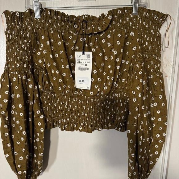 Zara Floral Off-Shoulder Top in Olive Green XL NWT - Picture 5 of 7